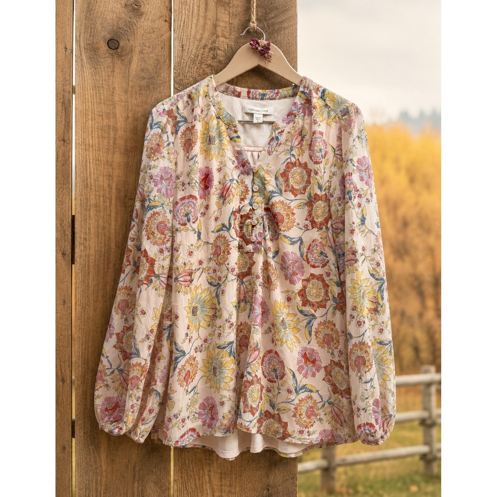 Coldwater Creek Pink Floral Chiffon Henley Blouse Plus Size 1X Long Sleeve Boho